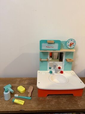 Wooden Kids Pretend Play Bathroom Sink Set — Aqua & White